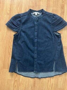 Anne Klein Short-Sleeve Denim Shirt Mandarin Collar Puff Sleeves M